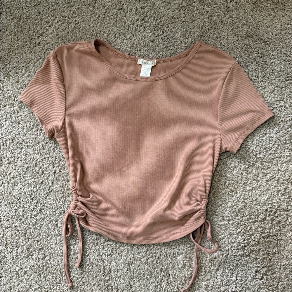 Women's Ribbed Short Sleeve Top - brown with side cut outs
